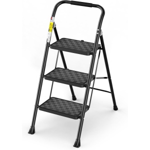 HBTower 4 Step Ladder, Folding Step Stool with Cushioned Handgrip, 600lbs Capacity Heavy Duty Step Ladder with Anti-Slip Sturdy and Wide Pedal, Ergonomic Handrail, Household & Office