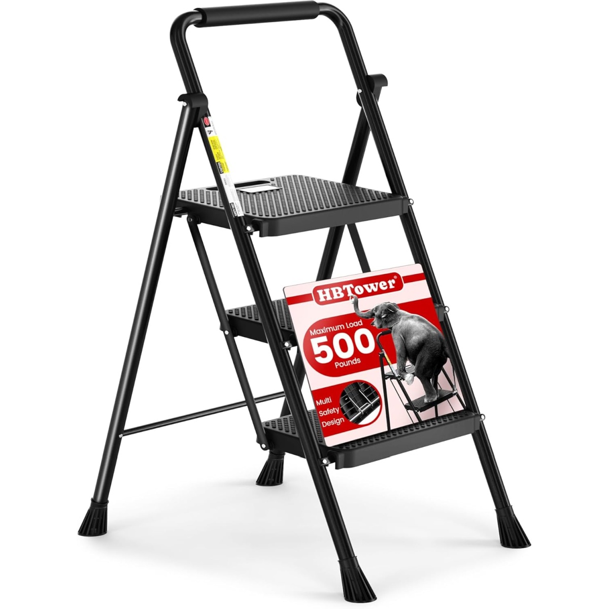 HBTower 3 Step Ladder, Folding Step Stool with Anti-Slip Sturdy and Wide Pedal, 330lbs Portable Steel Step Stool, Convenient Handgrip, Lightweight, Black